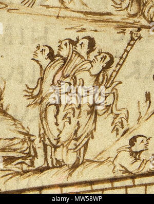 . Englisch: Clipping von Utrecht Psalter, das einen Mann zeigt, die eine cythara (rechts), mit einer Lyra oder kithara. Die Darstellungen des cytharas im Utrecht-psalter haben als Beweis in der Encyclopaedia Britannica 1911, dass die Gitarre von Änderung der Kithara - Leier entwickelt wurde. 1. Januar 850. Unbekannt 623 Utrechts-Psalter Psalm-145-PS-146 Leier und cythara Stockfoto