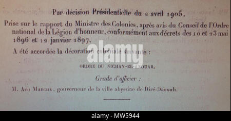 . Français: Auszeichnung in Frankreich bekannt als Legion d'Honneur. 1. Januar 1906. Frankreich. Ministere des Colonies (1905) 221 Französische Regierung award Mersha - April 1905 Stockfoto