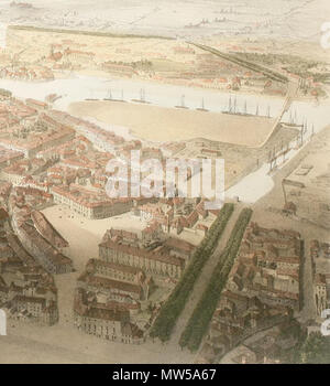 . Français: Le port Ayrault en 1848, détail de la Lithographie d'Alfred Guesdon, "Angers". Arch.-mun. Angers, 2 Fi 336. 31. Dezember 1848. Alfred Guesdon 363 Le port Ayrault d'Angers en 1848 Stockfoto