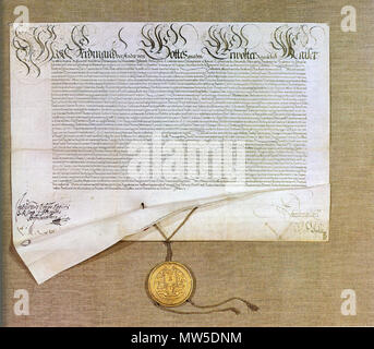 . Englisch: Charta der Kaiser Ferdinand II. enfeoffing Elector-Duke Maximilians I. von Bayern mit der kurwürde der Kurpfalz. München, Bayerisches Hauptstaatsarchiv, Kurbayern Urk. 22118. English: Urkunde Kaiser Ferdinands II. - Belehnung des Herzogs Maximilian I. von Bayern mit der pfälzischen Kurwürde. München, Bayerisches Hauptstaatsarchiv, Kurbayern Urk. 22118. Februar 25th, 1623. Kaiser Ferdinand II. 186 Kaiser Ferdinand II., Charter Stockfoto