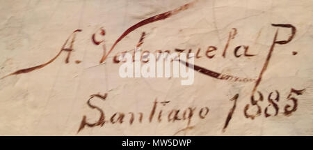 . Español: Firma de Alfredo Valenzuela Puelma. 20 März 2016, 12:44:39. Alfredo Valenzuela Puelma (1856 - 1909) Beschreibung chilenische Maler Geburtsdatum / Tod 18. Februar 1856 vom 27. Oktober 1909 Ort der Geburt / Todes Valparaíso, Chile Villejuif, Frankreich Authority control: Q 2646381 VIAF: ULAN: 500117270 88389496 LCCN: n 2009028742 RKD: 485631 WorldCat 209 Firma de Alfredo Valenzuela P Stockfoto