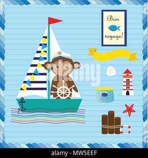 Affe auf dem Schiff. Sammlung mit Elementen für Design im maritimen Stil. EPS 10. Stock Vektor