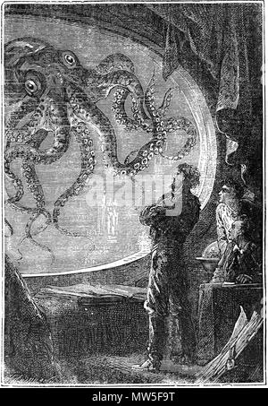 . Gravieren von Kapitän Nemo das Anzeigen eines Giant Squid aus einem Bullauge des Nautilus U-Boot, von 20.000 Lieues Sous les Mers von Jules Verne. 1870. Alphonse De Neuville und Édouard Riou 14 20000 squid Nautilus viewbay Stockfoto