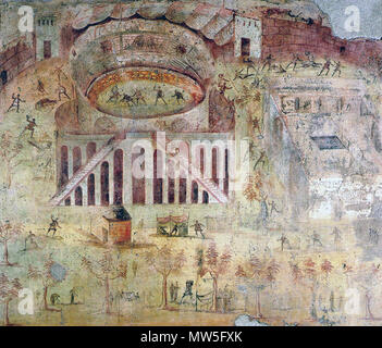 . Italiano: Museo Archeologico Nazionale di Napoli (Inv. nr. 112222). Da Pompeji, Casa della Rissa nell'Anfiteatro (I, 3, 23) - L'Affresco, famosissimo, è uno dei pochi che Mostra un'ambientazione Ed un episodio realistici. E "ritratto fedelmente l'anfiteatro di Pompei, con le Mura della Città alle spalle Sue e la Grande palestra con Piscina centrale Alla sua destra. L'episodio ritratto è quello della rissa Nucerini Pompeiani scoppiata Fra e nell'anno 59 d.C. in Cui ci furono numerosi Morti, Tanto da indurre il Senato Romano ein proibire nell'anfiteatro di Pompei l'esecuzione dei Giochi gladiato Stockfoto