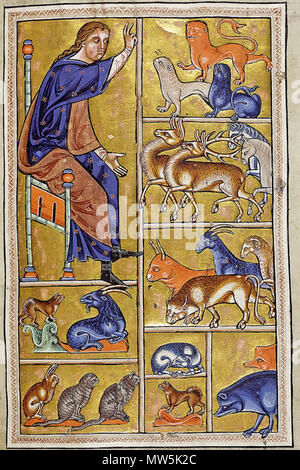 . Adam der Benennung der Tiere. Folio 5 recto vom Aberdeen Bestiary. Detail. 12. Jahrhundert 24 AberdeenBestiaryFolio 005 rAdamNamesAnimalsDetail Stockfoto