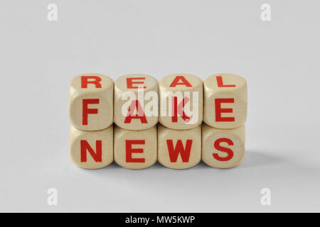 Worte, die gefälschten und echten Nachrichten mit Holz Würfel geschrieben Stockfoto