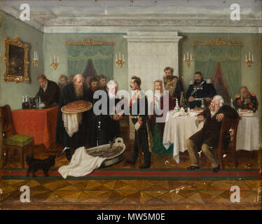 . Englisch: Begrüßung der öffentlichen Bediensteten. Öl auf Leinwand, 23 x 28 cm. Русский: Леонид Иванович Соломаткин. Поздравление начальника. 1867. X., м. 23 х28 См. Близкий вариант находится в этой композиции Художественной галерее города Ханты-Мансийск. 1867. Leonid Iwanowitsch Solomatkin 566 Solomatkin Begrüßung der öffentlichen Bediensteten Stockfoto