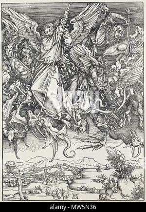 4 12. Albrecht Dürer, Apokalypsa, X. Sv. Michael bojující s drakem, Národní galerie v Praze Stockfoto