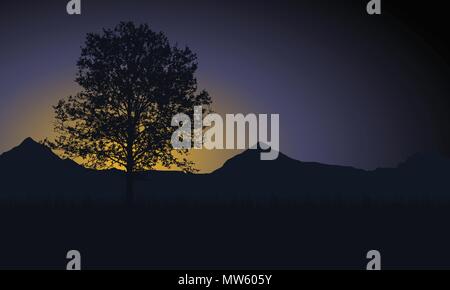 Baum mit Gras und die Berge im Hintergrund unter den Morgenhimmel mit der aufgehenden Sonne und Platz für Ihren Text - Vektor Stock Vektor