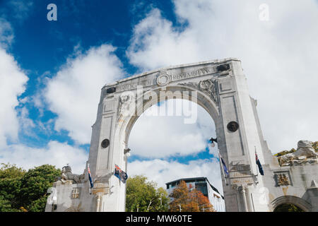 Brücke der Erinnerung in den bewölkten Tag. andmark in Christchurch, Neuseeland. Stockfoto