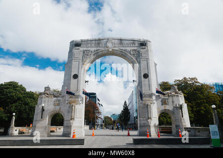 Brücke der Erinnerung in den bewölkten Tag. andmark in Christchurch, Neuseeland. Stockfoto