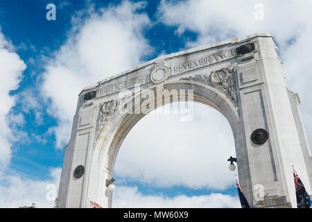 Brücke der Erinnerung in den bewölkten Tag. andmark in Christchurch, Neuseeland. Stockfoto