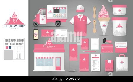 Corporate identity Vorlage festlegen 10. Logo-Konzept für eine Eisdiele, ein Café, ein Restaurant. Realistische mock up Schablone von Shop, Auto, Polo Shirt, Schürze, Stock Vektor