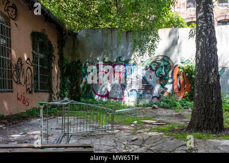 Verlassene Einkaufswagen in baufälligen Innenhof in Lodz, Polen. Stockfoto