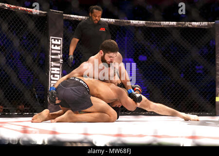 Batraz Agnaev (oben) und Max Nunes während ihres Wettbewerbs am ACB 54 (absolute Meisterschaft Berkut) in Manchester, UK. Agnaev gewann in der ersten Runde durch TKO. Mixed Martial Arts, MMA. Stockfoto