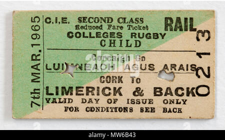 Vintage Coras Iompair Éireann Bahn Ticket Limerick Cork Stockfoto