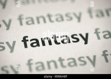Wort fantasy auf weißem Papier Makro gedruckt Stockfoto