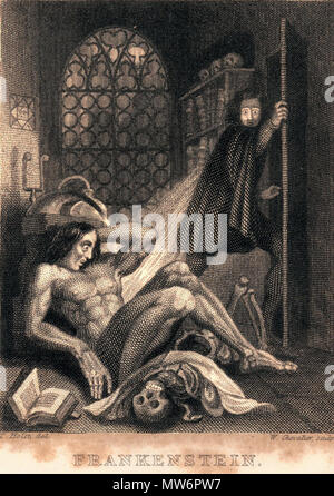 . Englisch: Frontispiz Mary Shelley, Frankenstein durch Colburn und Bentley, London 1831 Stahlstich in Buch 93 x 71 mm veröffentlicht. 1831. Theodor von Holst 217 Frankenstein eingraviert Stockfoto