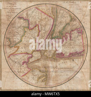 . Karte des Landes 30 Meilen rund um die Stadt New York. Englisch: Wie der Eddy Karte, das ist eine extrem seltene und wichtige Rundschreiben Karte von New York City und Umgebung, datiert 1823 bekannt. Deckt die New York City Bereich in etwa dreißig Meilen von Manhattan, Ausweitung der Norden nach Tarrytown, südlich von Monmouth, West Somerset, und von Ost nach Suffolk County. Isaac schürt, in seinem 1928 Klassiker auf die Ikonographie von Manhattan, ruft diese Karte die vollständige, genaue und schöne Early gravierte Karten mit New York und Umgebung. Es wird auch festgehalten, dass Thomas Jefferson Co gehalten Stockfoto