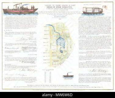 . Ehre, wem Ehre gebührt "Ursprung der Dampfschifffahrt. Eine Ansicht von Teich sammeln und seine Nähe in der Stadt New York im Jahre 1793". Englisch: Eine äußerst knappe 1846 Breitseite ausgestellt von John Hutchings das Bewusstsein von John Fitch als Pionier der Dampfschifffahrt zu fördern. Fitch war ein Instrumentenbauer im späteren Teil des 18. Jahrhunderts arbeiten. Als einer der ersten Pioniere der Dampfschifffahrt, Fitch getestet Mehrere Dampfschiffe auf dem Delaware River zwischen 1785 und 1788. Einer von diesen, die Ausdauer, ist in der rechten oberen Quadranten mit diesem Blatt dargestellt. Real Fitch Erfolg, jedoch trat ein Stockfoto