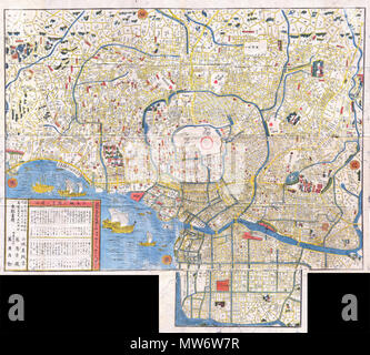 . Edo. Englisch: Diese außergewöhnliche los ist eine Hand gefärbt Edo Periode Holzschnitt Karte von Edo, oder Tokio, Japan. Beeindruckende Größe und Detail. In der Mitte des 19. Jahrhunderts japanischen Holzschnitt Stil produziert, diese Karte ist eine seltene Kombination von praktischen und dekorativen. Schiffe und Wellen schmücken den Hafen und es gibt keine bestimmte direktionale Orientierung. Alle Text scheint aus der Mitte der Karte zu strahlen. Falten in die ursprüngliche Sideboards. Ein Muss für jeden ernsthaften Sammlung japanischer Kartographie. . 1849 7 1849 Edo-zeit Japanischer Holzschnitt Karte von Edo oder Tokyo Japan - Geographicus-Edo-Japan-1849 Stockfoto