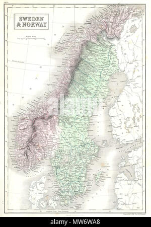 . Schweden und Norwegen. Englisch: Ein schönes Beispiel für Adam und Charles schwarze Karte von Skandinavien. Besteht aus den skandinavischen Staaten Norwegen und Schweden zusammen mit Teilen von Dänemark und Finnland. Feine original Hand Tönung in grün und lila Pastell. Von S. Hall für die Ausgabe 1851 der Schwarze General Atlas eingraviert. . 1851 (undatiert) 8 1851 Schwarze Karte von Norwegen und Schweden (Skandinavien) - Geographicus-norwegisch-schwarz-51 Stockfoto