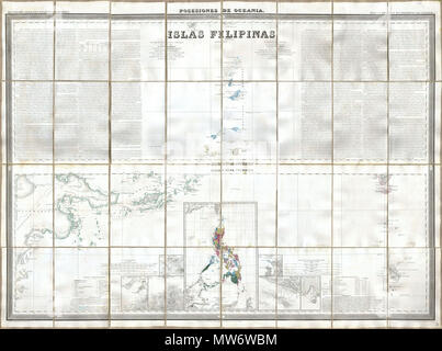 . Islas Filipinas, Posesiones de Ozeanien. Englisch: Diese wunderschöne 1852 Handcolorierte fall Karte der Philippinen wurde von Dr. Morata und Francisco Coello von Madrid ausgestellt. In 32 Mäheinheiten auf Leinen befestigt. Deckt die philippinischen Inseln und die Gesamtheit der spanischen Besitzungen in Ozeanien. Vielleicht das beste und detaillierteste Karte aus dem 19. Jahrhundert von den Philippinen überhaupt veröffentlicht. Kommt mit original Bettwäsche Slip Case, und legen Sie eine Beschriftung für Publisher. Hinweis: Diese Karte wurde Teil der drei Karte Problem für die Gesamtheit der Philippinen. . 1852 8 1852 Coello - Morata Fall Karte der Philippinen Nr. 3 Stockfoto