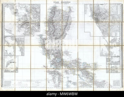 . Islas Filipinas, Primera Hoja Central. Englisch: Diese wunderschöne 1852 Handcolorierte fall Karte der Philippinen wurde von Dr. Morata und Francisco Coello von Madrid ausgestellt. In 32 Mäheinheiten auf Leinen befestigt. Deckt die zentralen Philippinen einschließlich der Insel Luzon (Manila), die Insel Samar und der Insel Mindoro. Zahlreiche Einsätze, darunter einen sehr großen und ausführlichen Stadtplan von Manila. Andere Kartenausschnitte gehören eine große Darstellung der Greater Manila, und zahlreiche Häfen und Flüsse. Vielleicht das beste und detaillierteste Karte aus dem 19. Jahrhundert von den Philippinen überhaupt Stockfoto