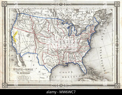 . Etats-Unis par Th. Duvotenay. Englisch: Eine ungewöhnliche und äußerst attraktive 1852 Karte der Vereinigten Staaten von Th. Duvotenay. Zeigt die Usa auf der Höhe des California Gold Rush und kurz nach der Annexion von Texas. Während die meisten der Osten der Vereinigten Staaten ist gut definiert die Gebiete der transmississippi West sind etwas vage. Kalifornien ist wie das große Gebiet von Mexiko im Jahr 1849 dargestellt. Das gold Region entlang des Sacramento River ist Gelb und notiert. Nouveau-Mexique (New Mexico) wird auf der Karte in einem sehr frühen Zustand mit der Hauptstadt Santa Fe. Stockfoto