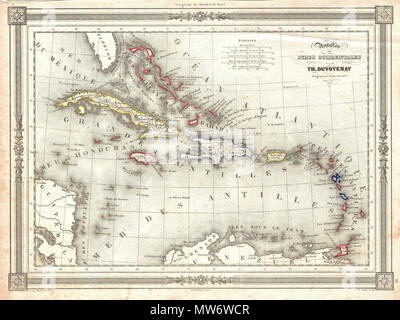 . Antillen ou Indes Occidentales par Th. Doutovenay. Englisch: Eine attraktive 1852 Karte der West Indies von Th. Duvotenay. Abdeckungen von Florida bis Venezuela und von Honduras nach Barbados. Enthält die Bahamas, Kuba, Jamaika, Santo Domingo (Hispaniola), Porto Rico, und die Kleinen Antillen oder Windward Inseln. Im gesamten, Duvotenay identifiziert verschiedene Städte, Dörfer, Flüsse und eine Auswahl an zusätzlichen topographischen Details. Mit einem neoklassischen dekorative Grenze. Durch Th vorbereitet. Duvotenay für die Veröffentlichung als Platte. 32 im Maison Basset's Edition 1852 der Atlas Illustre. . 1852 (undatiert) 8 1 Stockfoto