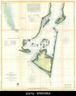 . (D. Nr. 3) Vorläufige Diagramm der untere Teil von Cape Fear River North Carolina. Englisch: Eine der größten und markantesten Beispiele der Karte der USA an der Küste von North Carolina Cape Fear. Reicht von Federal Point South an die Spitze von Cape Fear und dann nach Westen Vergangenheit Smithville und Fort Caswell nach Oak Island (ca. 78.04 Längengrad). Oberen rechten Quadranten verfügt über eine detaillierte Einfügung von der Pfanne Untiefen, südlich von der Spitze von Cape Fear erweitern. Bietet eine herrliche Küsten Detail der North Carolina Festland sowie Smith's Island und des Bundes. Von einer nautischen Perspektive die Karte Stockfoto