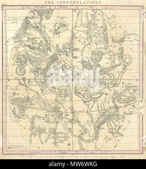 . Die Konstellationen (Juli, August, September). Englisch: Diese seltene Hand farbigen Karte der Sterne war graviert W. G. Evans von New York für Burritt's Edition 1856 der Atlas die Geographie der Himmel zu illustrieren. Es stellt den Nördlichen Nachthimmel in den Monaten Juli, August und September. Sternbilder sind detailliert gezeichnet und gehören Darstellungen der Tierkreiszeichen Zahlen sind die Sterne sagte zu vertreten. Inbegriffen in diesem Diagramm sind Skorpion (Scorpion), Sagittarius (Schütze), Steinbock (Ziege), Serpentarins (Schlange Träger) und Taurus (Stier). Tabelle wird durch Linien geviertelt Stockfoto