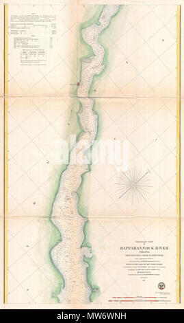 . Vorläufiger Plan der Rappahannock River Virginia aus Occupacia Creek zu Deep Creek. Englisch: Eine attraktive Handcolorierte 1857 US-Küstenwache nautische Karte oder Karte von Virginia's Rappahannock River. Deckt der Kurs der Rappahannock River von Occupacia Creek zu Deep Creek. Bietet unzählige Tiefenangaben und navigatorischen Noten, aber wenig landeinwärts Detail. Es ist jedoch der Stadt Tappahannock in dem westlichen Ufer zu identifizieren. Der Rappahannock River, die nach Westen in Virginia erstreckt sich von der südlichen Teil der Chesapeake Bay, wurde ein wichtiges Handels Arterie und Grenze seit der e Stockfoto