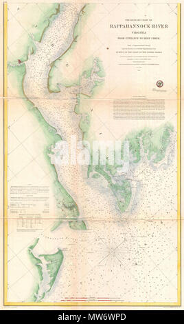 . Vorläufiger Plan der Rappahannock River Virginia vom Eingang in Deep Creek. Englisch: Eine attraktive Handcolorierte 1857 US-Küstenwache nautische Karte oder Karte von Virginia's Rappahannock River. Deckt der Kurs der Rappahannock River von der Chesapeake Bay zu Deep Creek. Bietet unzählige Tiefenangaben und navigatorischen Noten, aber wenig landeinwärts Detail. Es ist jedoch der Stadt Urbana in dem westlichen Ufer zu identifizieren. Der Rappahannock River, die nach Westen in Virginia erstreckt sich von der südlichen Teil der Chesapeake Bay, wurde ein wichtiges Handels Arterie und Grenze seit den frühen Doppelpunkt Stockfoto