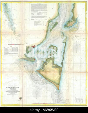 . Vorläufige Diagramm der Pfanne Untiefen und Eingänge zu Cape Fear River North Carolina. Englisch: Eine der größten und markantesten U.S.C.S. Karten von North Carolina Cape Fear. Reicht von Federal Point South an die Spitze von Cape Fear und dann nach Westen Vergangenheit Smithville und Fort Caswell nach Oak Island (ca. 78.04 Längengrad). Oberen rechten Quadranten verfügt über eine detaillierte Einfügung von der Pfanne Untiefen, südlich von der Spitze von Cape Fear erweitern. Bietet eine herrliche Küsten Detail der North Carolina Festland sowie Smith's Island und des Bundes. Von einer nautischen Perspektive die Karte bietet eine Fülle Stockfoto