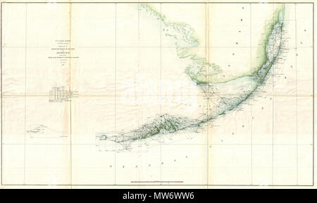 . Skizze F Zeigt den Fortschritt der Umfrage in Abschnitt Nr. VI (untere Blatt) von Cape Florida zu Tortugas Inseln von 1845 bis 1859. Englisch: ein sehr attraktives Beispiel für die US-Küstenwache Triangulation 1859 Karte des südlichen Florida und die Florida Keys. Abdeckungen von Key Biscayne Bucht südlich auf den Keys, Key West, soweit die Marquesas Keys. Unzählige triangulation Punkte werden im gesamten festgestellt. Namen jeder der Tasten und identifiziert Miami am nördlichen Rand von Key Biscayne Bay, und die Stadt von Key West, zu dem Zeitpunkt, zu dem ein blühendes Zentrum des Handels. Das Diagramm wurde produziert, ich Stockfoto