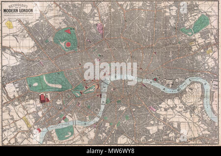 . Reynolds die Karte von modernen London unterteilt in Quarter-Mile Abschnitte für die Messung von Entfernungen. Englisch: Eine unberührte Beispiel für James Reynolds' 1662 pocket Karte von London, England. Deckt das Zentrum von London von Notting Hill auf der Insel von Hunden und von Kentish Town zu Battersea Park. Details jeder Straße, Parks, Bahnhof, Brücke, Denkmal, Pier, und Regierungsgebäude. Touristische Ziele wie den Botanischen Garten, den Zoo, den Buckingham Palace, der Tower von London, und das Britische Museum sind in Rot hervorgehoben. Zusätzlich zu den vorhandenen Straßen und Gebäude, Reynolds' auch ein Pr Stockfoto