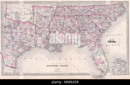 . Südlichen Staaten. Englisch: Dies ist eine attraktive Karte der Südosten der Vereinigten Staaten von Henry Walling. Termine bis 1868, kurz nach Ende des Bürgerkrieges. Wenn diese Karte wurde die südlichen Staaten gemacht wurden, Mitten in der wirtschaftlichen Depression und des Wiederaufbaus. Reicht von Tennessee und North Carolina South. Über Florida und Texas. Ein Schiff schmückt den Atlantik wo nautische Routen von Savannah nach New York dargestellt werden und von Havanna nach New York. Von Henry Walling für seinen Atlas der südlichen Staaten ausgestellt. Durch H. S. Stebbins von 229 Broadway, New York vorbereitet. Stockfoto