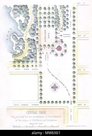 . Central Park. Die neue Anordnung der Park Eingang an der Ecke 59th und 5th Avenue. Englisch: Eine ungewöhnliche kleine Karte von der südöstlichen Ecke von New Yorks Central Park. Zeigt ab 61. Straße südlich der Kreuzung der 58th Street und 5th Avenue. Zeigt die geplanten Ornamentik und Umleitung des Verkehrs der park Laufwerke unterzubringen. Zeigt den Uhrturm, die dann vorgeschlagenen Denkmal, das nun vor der ehemaligen Plaza Hotel und Bergdorf Goodman sitzt. Stellt auch die Standorte von Bäumen, Teichen, und verschiedene Gehwege. Eine nette kleine Karte von einem Der poshes Stockfoto