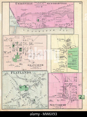 . Unionville Guntherville, Stadt von Gravesend, Kings Co - Gravesend, Stadt von Gravesend, Kings Co-Teil der Stadt von Gravesend, Kings Co-Flachland, Stadt Flatlands, Kings Co - Neue Utrecht, Tn Neuer Utrecht, Kings Co. Englisch: ein knappes Beispiel von Friedrich W. Beers Karte der Gemeinschaften von Unionville, Guntherville, Gravesend, Flachland und neue Utrecht, Brooklyn, New York City. Fünf Karten auf einem Blatt. Zeigt den Prospect Park Messegelände in Gravesend. Im Jahr 1873 veröffentlicht. Detaillierte auf der Ebene der einzelnen Grundstücke und Gebäude mit Grundeigentümer festgestellt. Dies ist wahrscheinlich der beste Atlas m Stockfoto