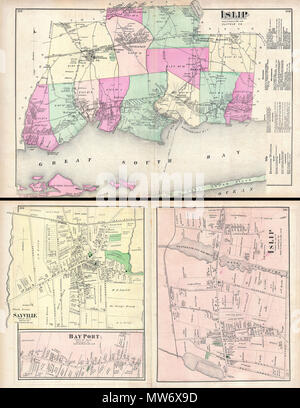 . Islip, Suffolk, CO-Islip, Stadt von Islip, Suffold Co-Bay Hafen, die Stadt von Islip, Suffold Co-Sayville, Stadt von Islip, Suffold Co. Englisch: ein knappes Beispiel von Friedrich W. Beers Karte der Islip und Sayville, Long Island, New York. Im Jahr 1873 veröffentlicht. Islip seitliche Abdeckungen aus Babylon Cove und West Islip ostwärts Vergangenheit Bay Shore, Islip, Junge, Oakdale, Greenville, Sayville und Bayport. Enthält Teile von Oak Island und Fire Island. Notationen auf der rechten Seite der Karte korrekte bieten Hinweise. Auf der Rückseite, Blatt ist in drei Stadt Pläne aufgeteilt. Dazu gehören Islip, Sayville und Ba Stockfoto