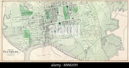 . Teil der Spülung. Stadt Flushing, Queens Co. Englisch: ein knappes Beispiel der Karte teile Fredrick W. Beers Flushing, Queens, New York City. Im Jahr 1873 veröffentlicht. Nach Osten ausgerichtet. Etwa umfasst Orchard Street, Myrtle Avenue, Bradford Avenue, Prospect Avenue, Sanford Avenue, Maple Avenue, Bank Street, Whitestone Avenue, Farrington Straße, Clinton Avenue, Union Avenue, Jamaica Avenue, Lawrence Street und Colden Straße. Auf der Unterseite der Karte, die durch das Spülen Creek begrenzt. Hinweise der orthodoxen Gesellschaft, von Fairchild Spülen Institut, St. Joseph's Academy und das findelkind Asyl. Detaillierte t Stockfoto