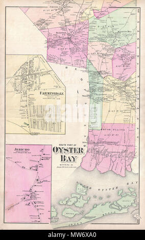 . Süden von Oyster Bay, Queens Co. Englisch: ein knappes Beispiel von Friedrich W. Beers Karte des südlichen Teils der Oyster Bay in Queens, New York. Im Jahr 1873 veröffentlicht. Grob von Jones Strand nach Norden so weit wie Jericho. Umfasst inset Pläne von Farmingdale und Jericho. Detaillierte auf die Ebene einzelner Gebäude und Liegenschaften mit Land-halter festgestellt. Dies ist wahrscheinlich der beste Atlas Karte des nördlichen Oyster Bay, Long Island, im 19. Jahrhundert zu erscheinen. Von Bieren, Comstock & Cline aus ihrem Büro an 36 Vesey Street, New York City, vorbereitet für die Aufnahme in die Erste veröffentlichte Atlas Stockfoto
