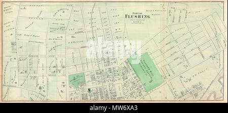 . Teil der Spülung. Stadt Flushing, Queens Co. Englisch: ein knappes Beispiel der Karte teile Fredrick W. Beers von Queens, New York City. Im Jahr 1873 veröffentlicht. Nach Osten ausgerichtet. Etwa deckt Boerum Avenue, Brewster Avenue, Parsons Avenue, Sanford Avenue, Jamaica Avenue, Irland Avenue, Shaftsbury Avenue, Tennyson Avenue und Longfellow Avenue. Nimmt die Parsons Baumschule und das Sanford Halle Private Asyl. Detaillierte auf der Ebene der einzelnen Grundstücke und Gebäude mit Grundeigentümer festgestellt. Dies ist wahrscheinlich der beste Atlas Karte von diesem Teil von Queens, New York, im 19. Jahrhundert zu erscheinen. Vorbereiten Stockfoto