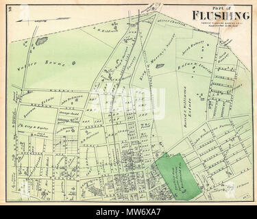 . Teil der Spülung. Stadt Flushing, Queens Co. Englisch: ein knappes Beispiel der Karte teile Fredrick W. Beers Flushing, Queens, New York City. Im Jahr 1873 veröffentlicht. Nach Osten ausgerichtet. Etwa Abdeckungen von Bayside Avenue South zu Walnuß-Allee. Umfasst Sanford Hall, den privaten Asyl. Detaillierte auf der Ebene der einzelnen Grundstücke und Gebäude mit Grundeigentümer festgestellt. Dies ist wahrscheinlich der beste Atlas Karte von diesem Teil von Queens, New York, im 19. Jahrhundert zu erscheinen. Von Bieren, Comstock & Cline aus ihrem Büro an 36 Vesey Street, New York City, vorbereitet für die Aufnahme in den ersten Veröffentlichen Stockfoto