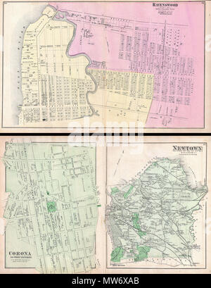 . Ravenswood, Teil ofLong Island City, Queens, Co L.I. - Newtown Queens Co L.I. - Corona oder West Spülung, Stadt von Newtown, Queens Co. Englisch: ein knappes Beispiel von Friedrich W. Beers zwei Karte von Ravenswood, Queens, New York City. Im Jahr 1873 veröffentlicht. Karten auf beiden Seiten des Blatts gedruckt. Ravenswood Seite details Ravenswood, Königin aus dem East River zu, was dann 6. Avenue. Im Norden vom Broadway und im Süden von Webster Avenue begrenzt. Verso bietet Karten von Corona oder West Spülen und von Newtown, einschließlich der Bereiche Osten Williamsburgh, Ridgewood, Columbusville, Hopedale und Cha Stockfoto