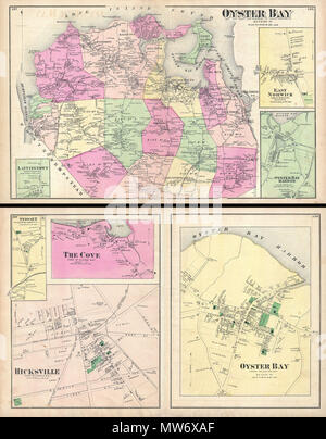 . Oyster Bay, Queens Co - Oyster Bay, Stadt von Oyster Bay, Queens Co - Hicksville, Stadt von Oyster Bay. Englisch: ein knappes Beispiel von Friedrich W. Beers Karte der Oyster Bay, Long Island, New York. Im Jahr 1873 veröffentlicht. Oyster Bay Seite der Karte Blatt aus Hempstead Hafen nach Osten so weit wie Cold Spring Harbor. Im Norden durch den Long Island Sound begrenzt. Erstreckt sich nach Süden so weit wie Jericho. Kartenausschnitte zeigen Lattingtown, East Norwich und Oyster Bay Hafen. Detaillierte auf die Ebene einzelner Gebäude und Liegenschaften. Enthält die Northport und der Glen Cove Zweige der Long Island Ra Stockfoto