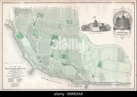 . Design Karte von Sea Cliff Grove, Glen Cove, L.I. Englisch: ein knappes Beispiel von Friedrich W. Beers Karte der Sea Cliff Grove, Long Island, New York. Im Jahr 1873 veröffentlicht. Sea Cliff Grove, benannt nach der Täuschung, auf dem er sich befindet, wurde im späten 19. Jahrhundert als religiösen Exerzitien für Methodisten aus New York City gegründet. Die Methodisten geplant, die Stadt und hat eine riesige Wohnung und ein Haus für die Alten und Kranken, die beide als gravierte Postkarten auf dieser Karte dargestellt. Dies ist wahrscheinlich der beste Atlas Karte von Sea Cliff Grove, Long Island, im 19. Jahrhundert zu erscheinen. Erstellt von Stockfoto