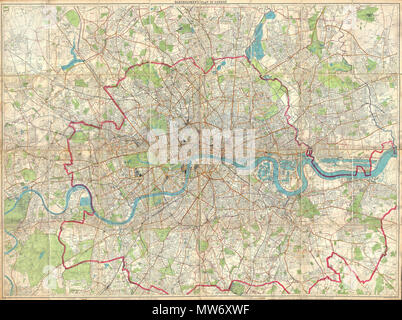 . Londoner Feuerwehr anweisenden Karte. - Bartholomew's Plan von London. Englisch: Eine enorm proportioniert und sehr ungewöhnliche Karte von London, England vorbereitet von John Bartholomew. Deckt die gesamte Stadt von London aus Kenton im Nordwesten, der Richmond Park im Südwesten, zum Krankenhaus Hügel im Nordosten und Longlands im Südosten. Bietet außergewöhnliche Detail frei Kennzeichnung einzelner Gebäude, Straßen und Wasserwege in London. Als "Londoner Feuerwehr anweisenden Map" mit der Fläche von London durch die Feuerwehren in rot umrandeten patrouillierten vorbereitet. Wahrscheinlich nicht orig Stockfoto