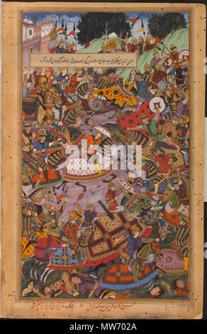 . Der Sieg der Khan Zaman (Ali Quli Khan) auf dem Fluss Gomti (oder jamna), 1561 von der Akbarnama. Der Sieg der Mughal Armee, geführt von Khan Zaman, über die Afghanen im Jahr 1561 an den Ufern des Flusses Gomti (auch bekannt als gumti oder Gomati) in Nordindien. ca. 1590-95 5 1561 - der Sieg der Ali Quli Khan auf dem Fluss Gomti-Akbarnama Stockfoto